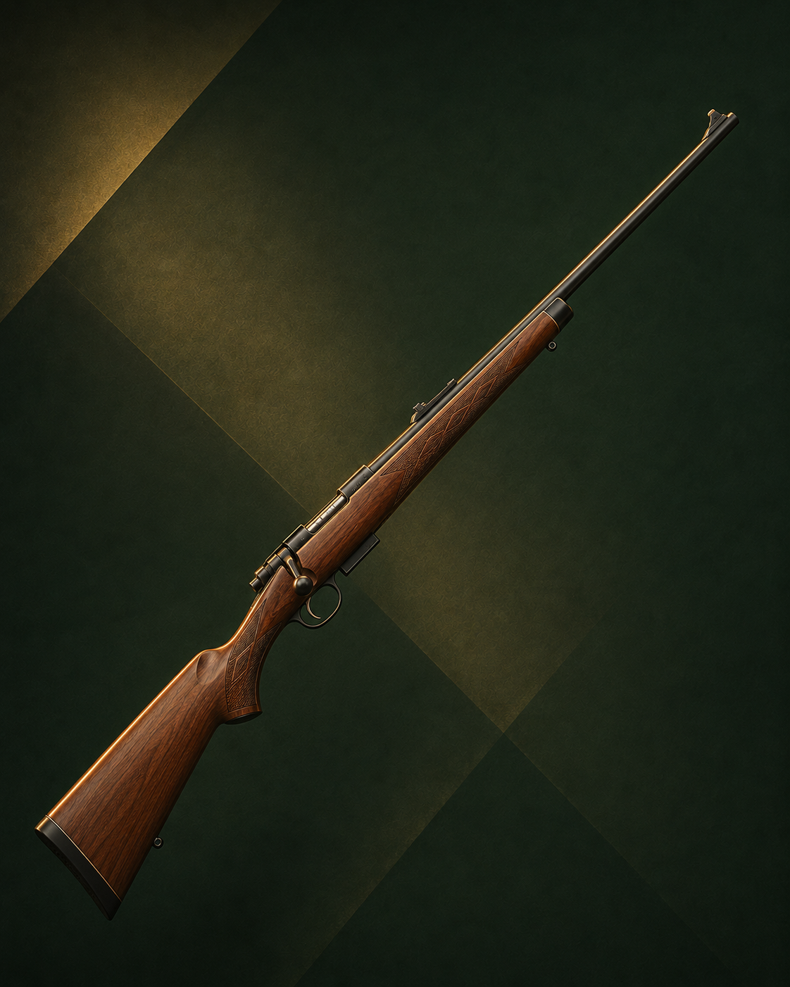 Carabine à verrou de petit calibre, canon fin, crosse en bois quadrillée, présentée en diagonale sur fond stylisé vert et doré.