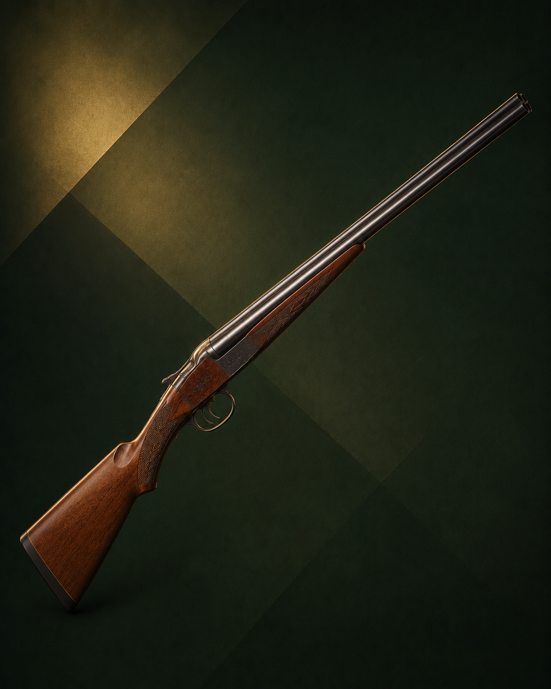 Fusil juxtaposé à deux canons placés côte à côte, platine gravée, crosse en bois, sur fond stylisé vert et doré.