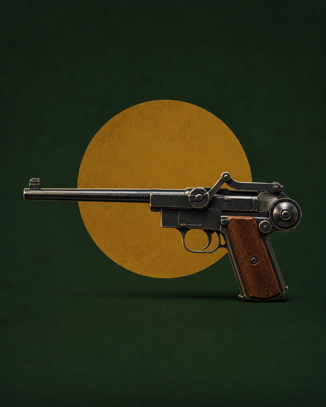 Pistolet semi-automatique de type Mauser C96, avec son long canon et son mécanisme à bascule apparent au-dessus de la carcasse, crosse en bois quadrillée, présenté sur fond stylisé vert et doré.
