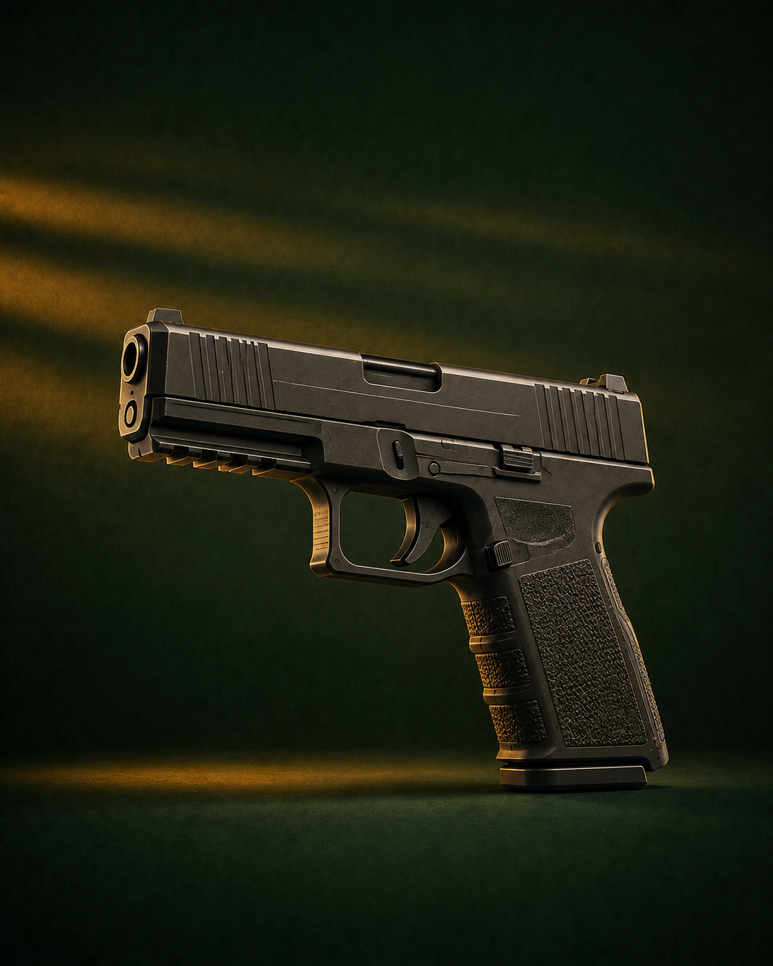 Pistolet semi-automatique moderne à carcasse polymère, glissière striée et rail sous le canon, chargeur inséré dans la crosse, mis en valeur par un éclairage dramatique sur fond vert sombre.