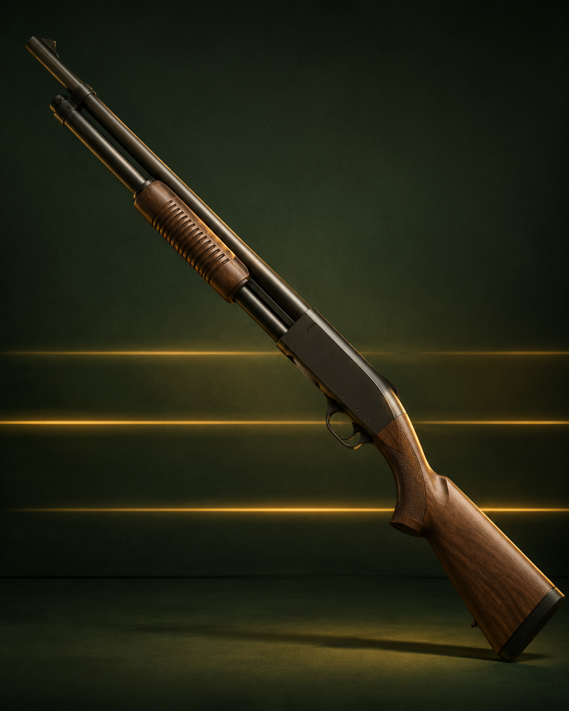 Fusil à pompe avec garde-main cannelé en bois coulissant sous le canon, crosse en bois, présenté en diagonale sur fond sombre à lignes dorées.