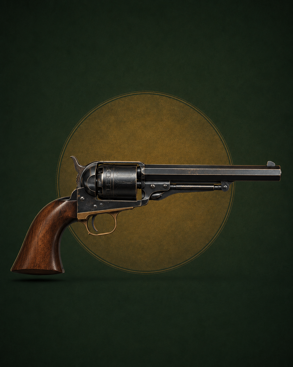 Revolver à simple action, barillet et chien apparents, crosse en bois, canon long, présenté de profil sur fond stylisé vert.