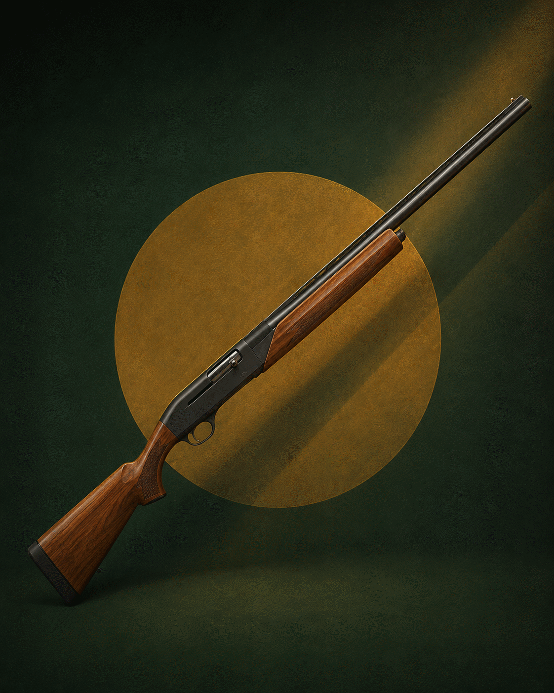Fusil semi-automatique à canon unique et garde-main fixe en bois, crosse en bois, sur fond stylisé vert avec un halo doré.