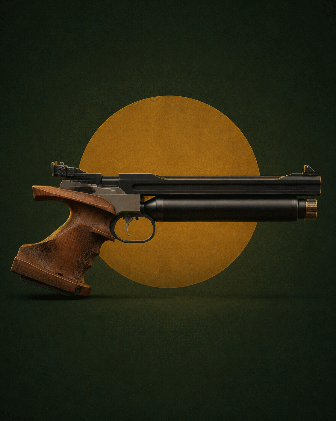 Pistolet de tir sportif avec crosse ergonomique en bois et long canon lesté, présenté sur fond stylisé vert et doré.