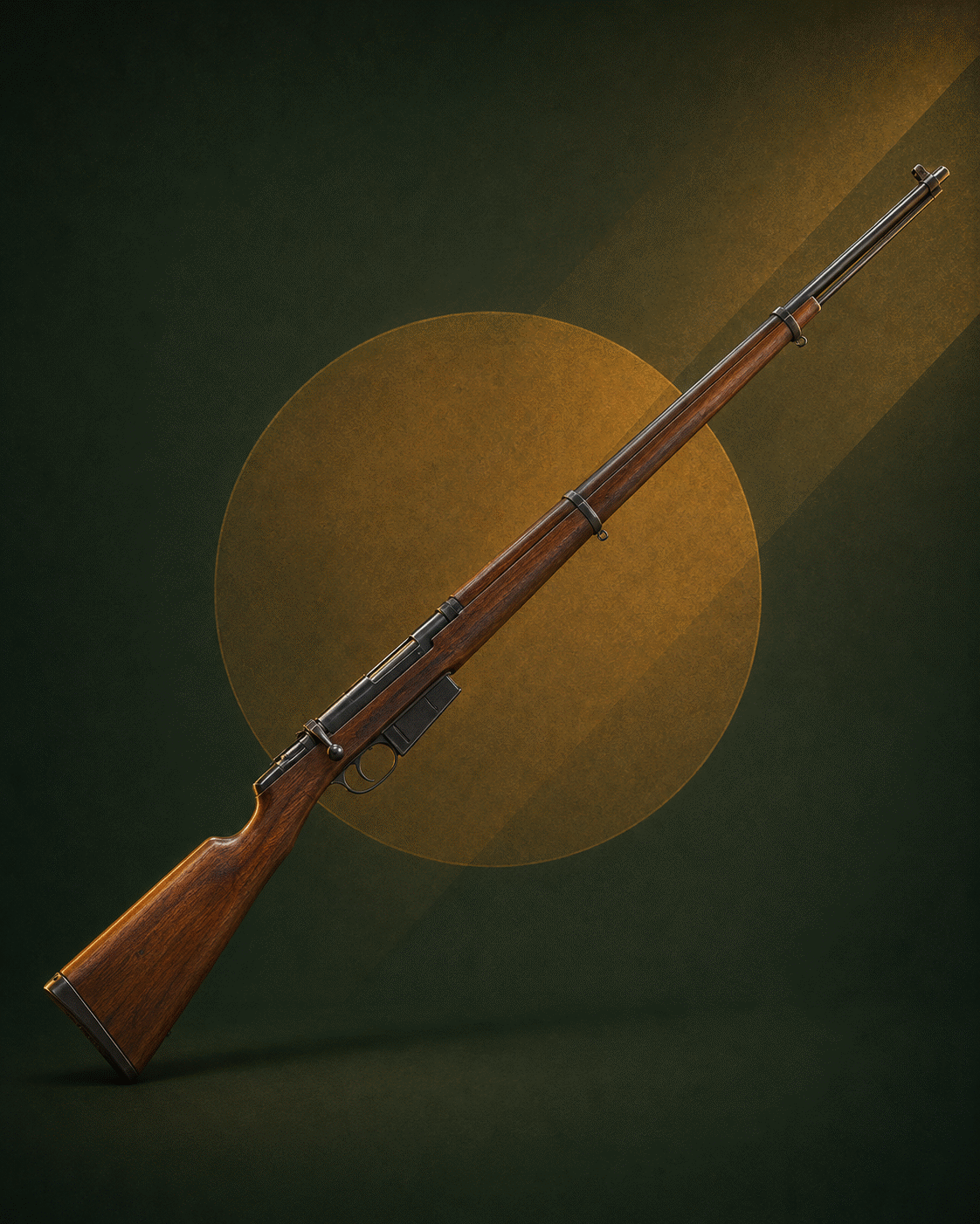 Carabine straight-pull de style militaire ancien, canon long avec grenadières, crosse en bois sur toute la longueur, présentée en diagonale sur fond sombre à bandes dorées.