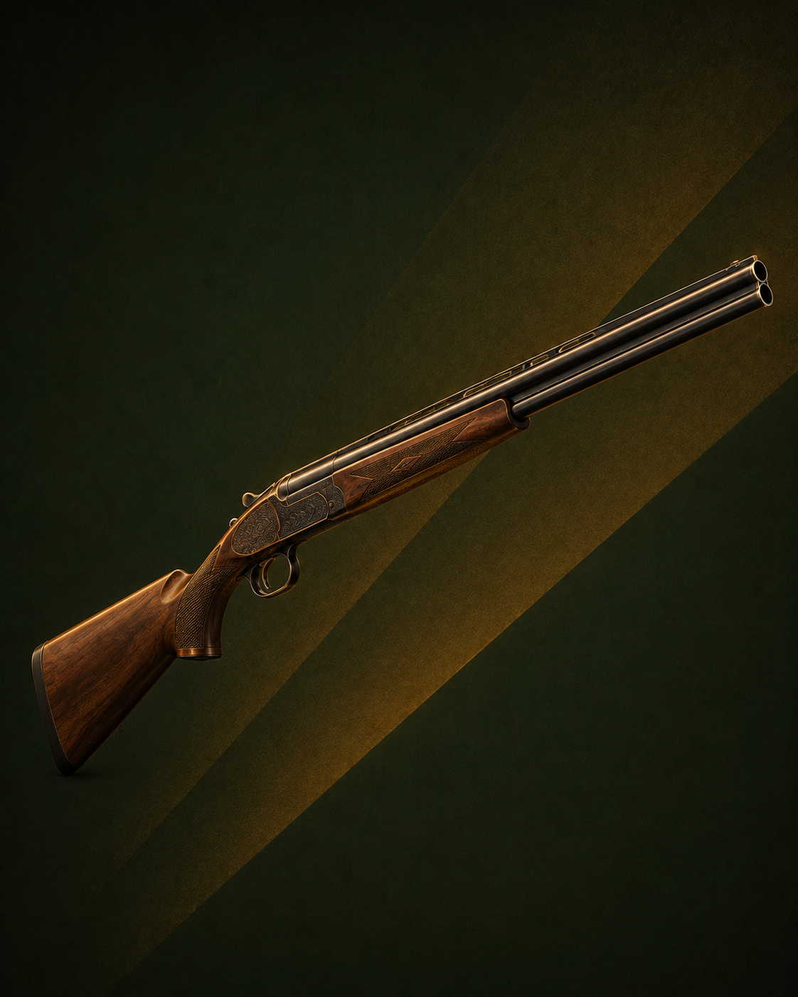 Fusil superposé à deux canons empilés l'un sur l'autre, platine gravée, crosse en bois, sur fond sombre stylisé.
