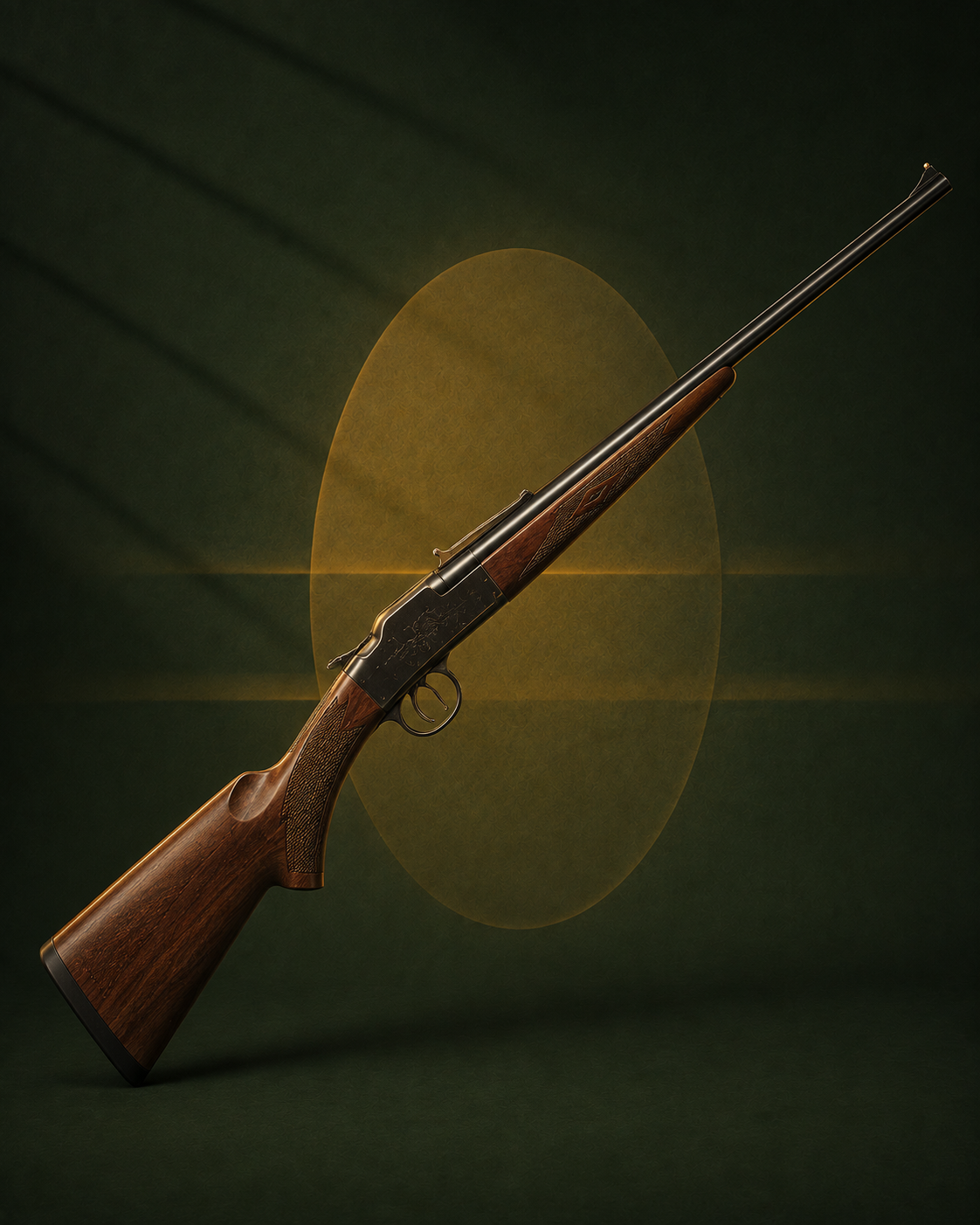 Autre modèle de fusil à un coup à bascule, crosse en bois gravée, canon unique, présenté en diagonale sur fond stylisé vert et doré.