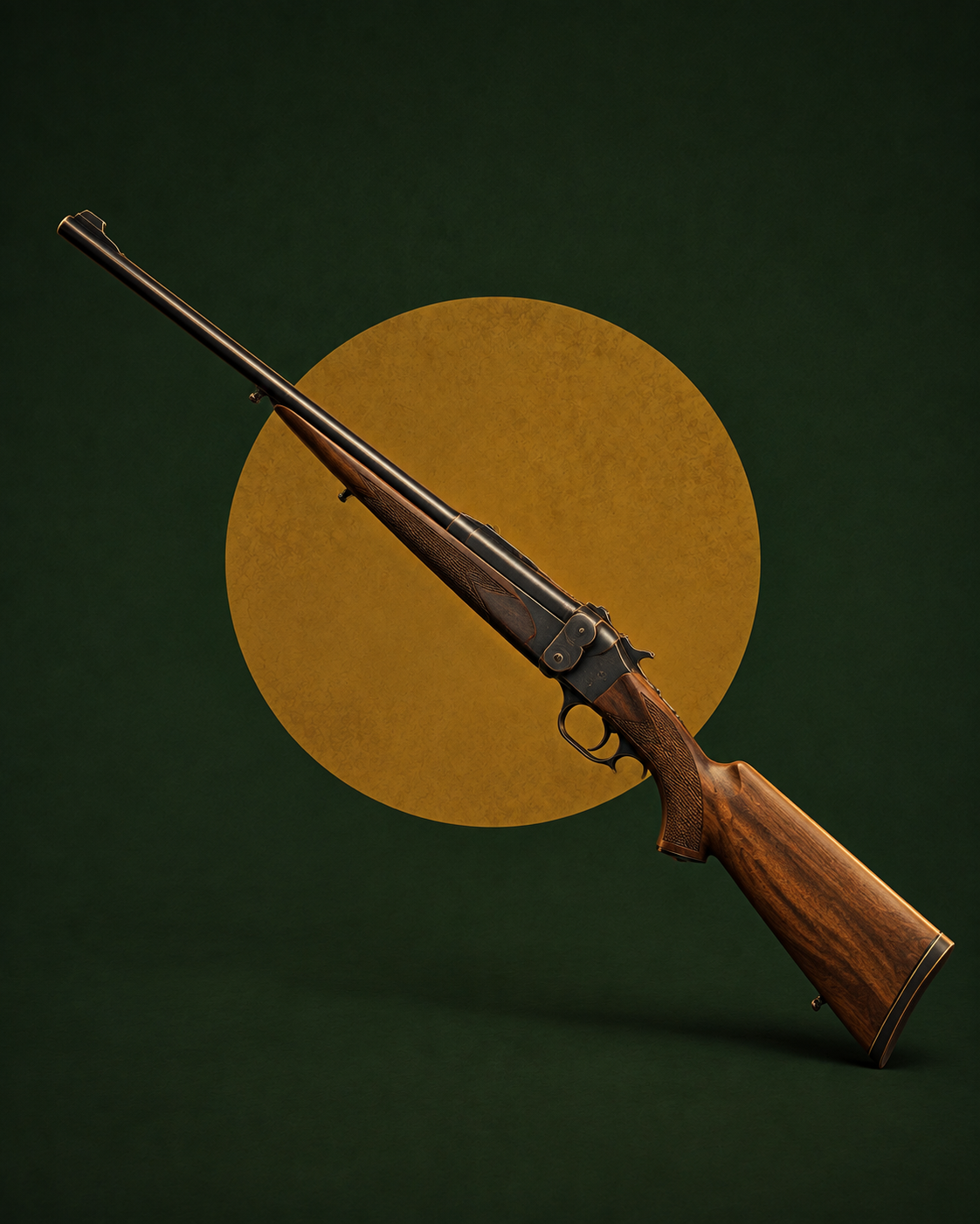 Fusil à un coup à bascule, canon unique et levier d'ouverture sous la carcasse, crosse en bois, présenté en diagonale sur fond stylisé vert et doré.
