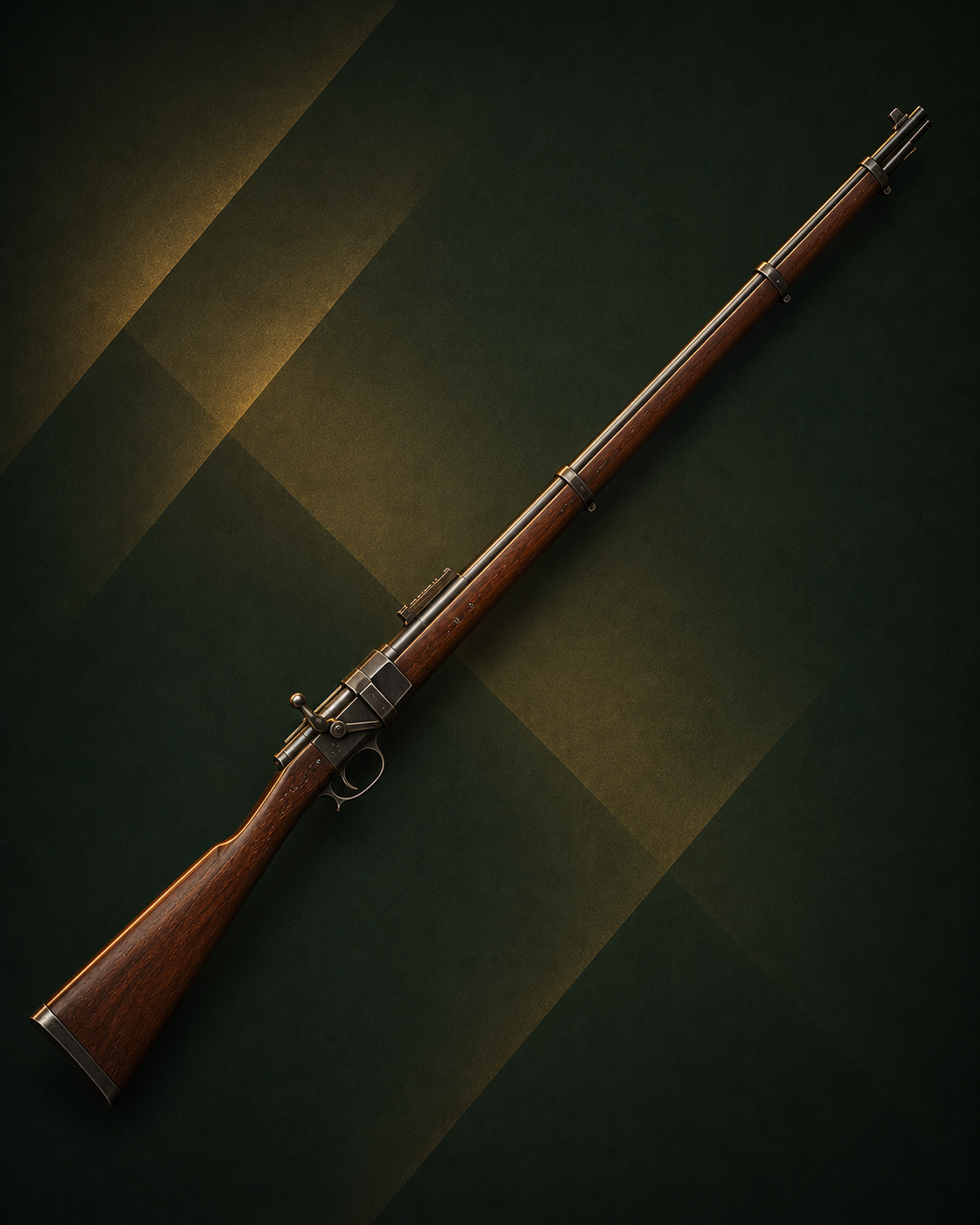 Carabine à verrou de style classique, poignée de verrou relevée, crosse en bois sur toute la longueur du canon, présentée en diagonale sur fond stylisé vert et doré.