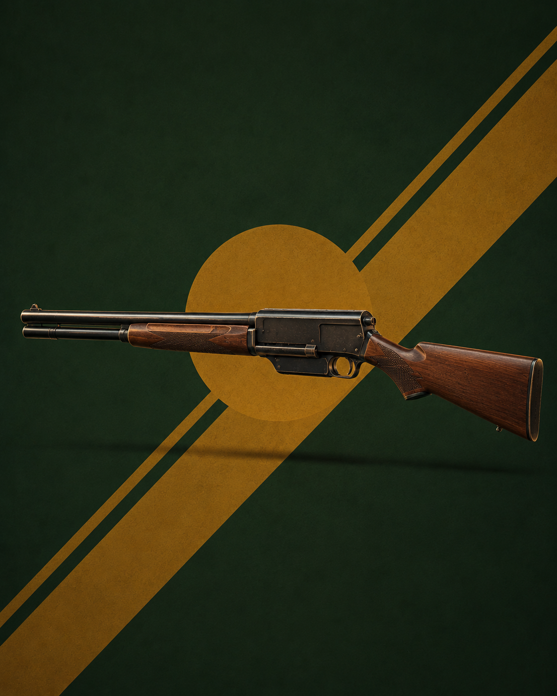 Fusil semi-automatique à la carcasse bossue caractéristique de l'Auto-5, crosse en bois, présenté en diagonale sur fond vert traversé de bandes dorées.