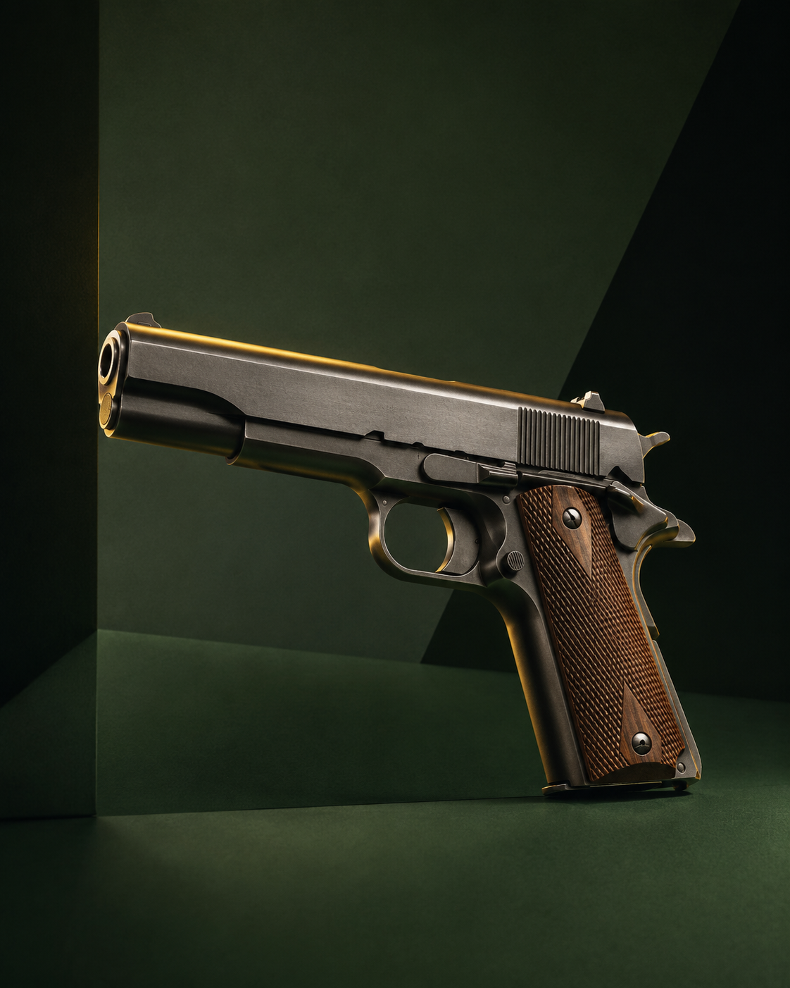 Pistolet de type Colt 1911, crosse en bois quadrillée, canon et glissière brunis, présenté sur un fond géométrique vert sombre.