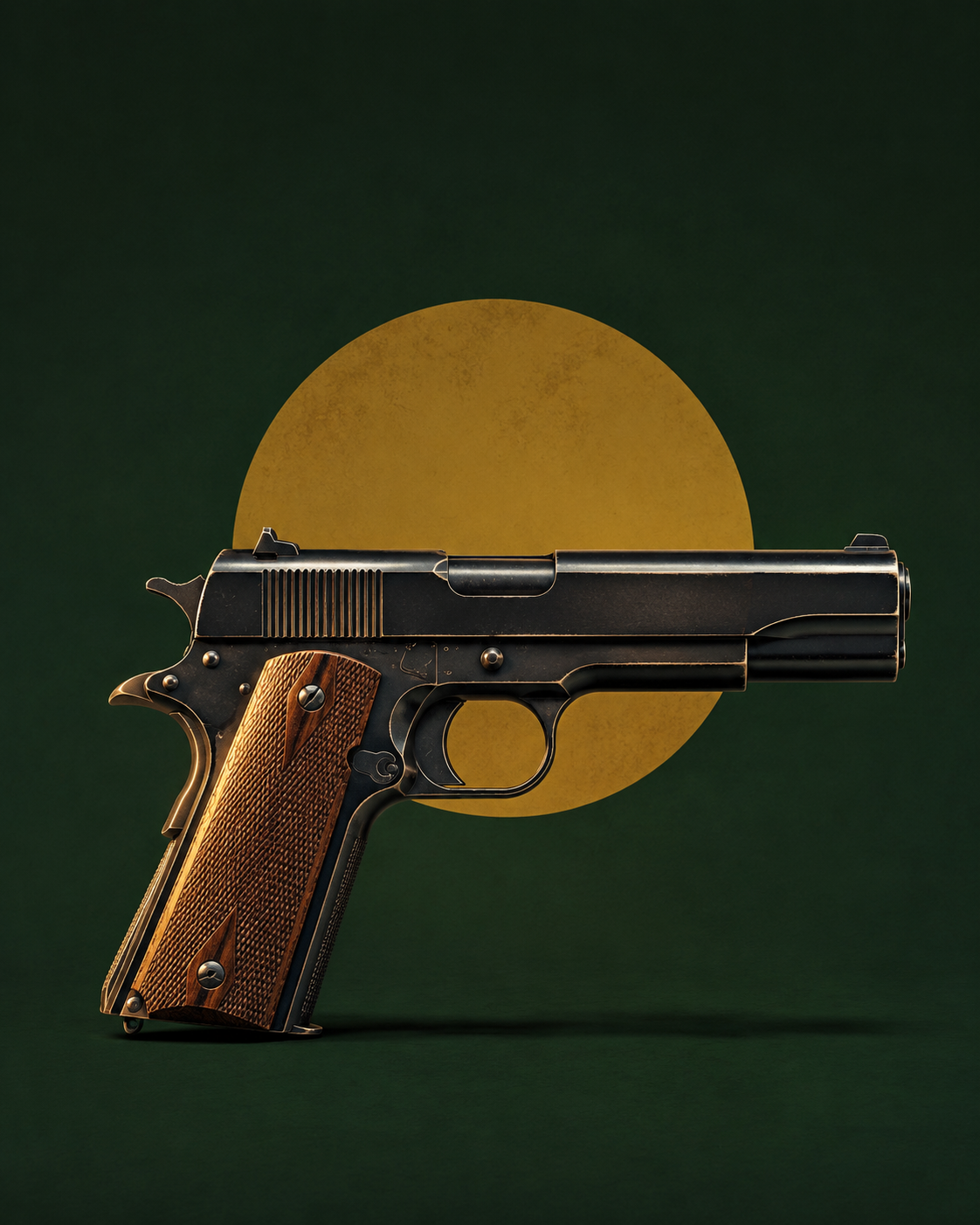 Pistolet Colt 1911 au fini vieilli, crosse en bois quadrillée, présenté sur fond stylisé vert et doré.