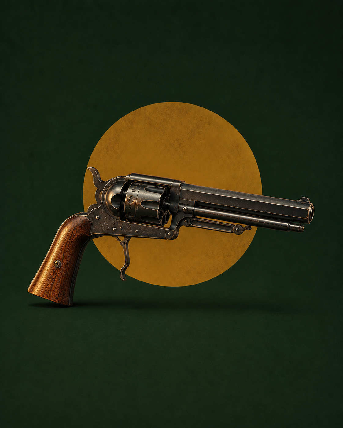 Revolver à percussion avec barillet et chien apparents, crosse en bois, canon long, présenté sur fond stylisé vert et doré.