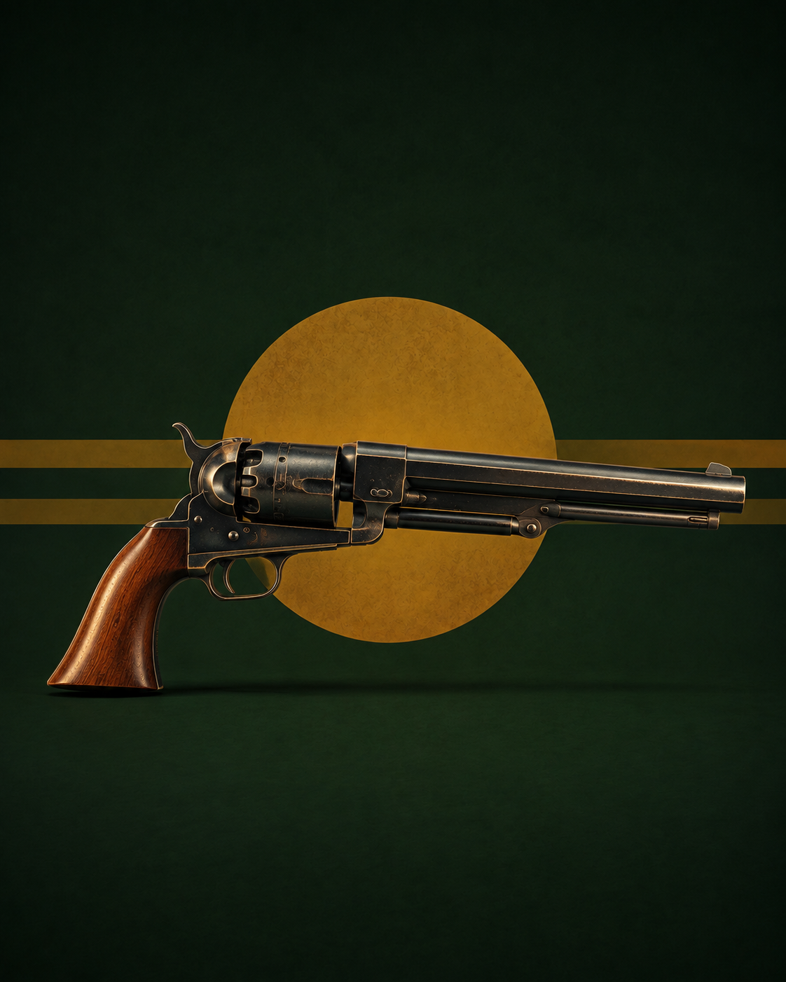 Autre vue d'un revolver à barillet et crosse en bois, canon long, sur fond stylisé vert traversé de bandes dorées.