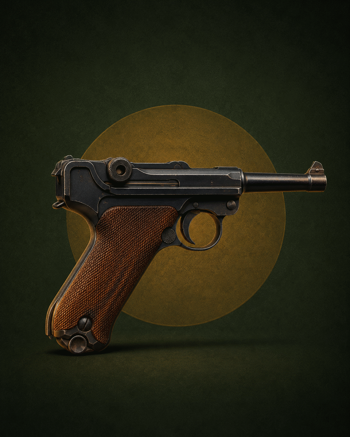 Pistolet Luger P08 avec son mécanisme à genouillère caractéristique, crosse en bois quadrillée, présenté sur fond stylisé vert et doré.