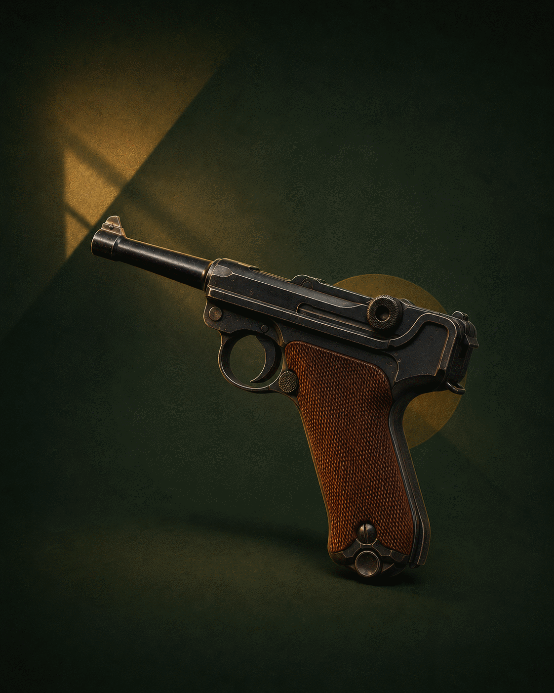 Pistolet Luger P08 mis en valeur par un éclairage dramatique en diagonale, crosse en bois, sur fond vert sombre.