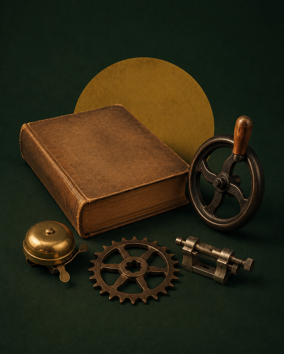Composition évoquant l'histoire industrielle : un livre ancien, une cloche en laiton, un engrenage et une manivelle métallique, sur fond vert sombre.