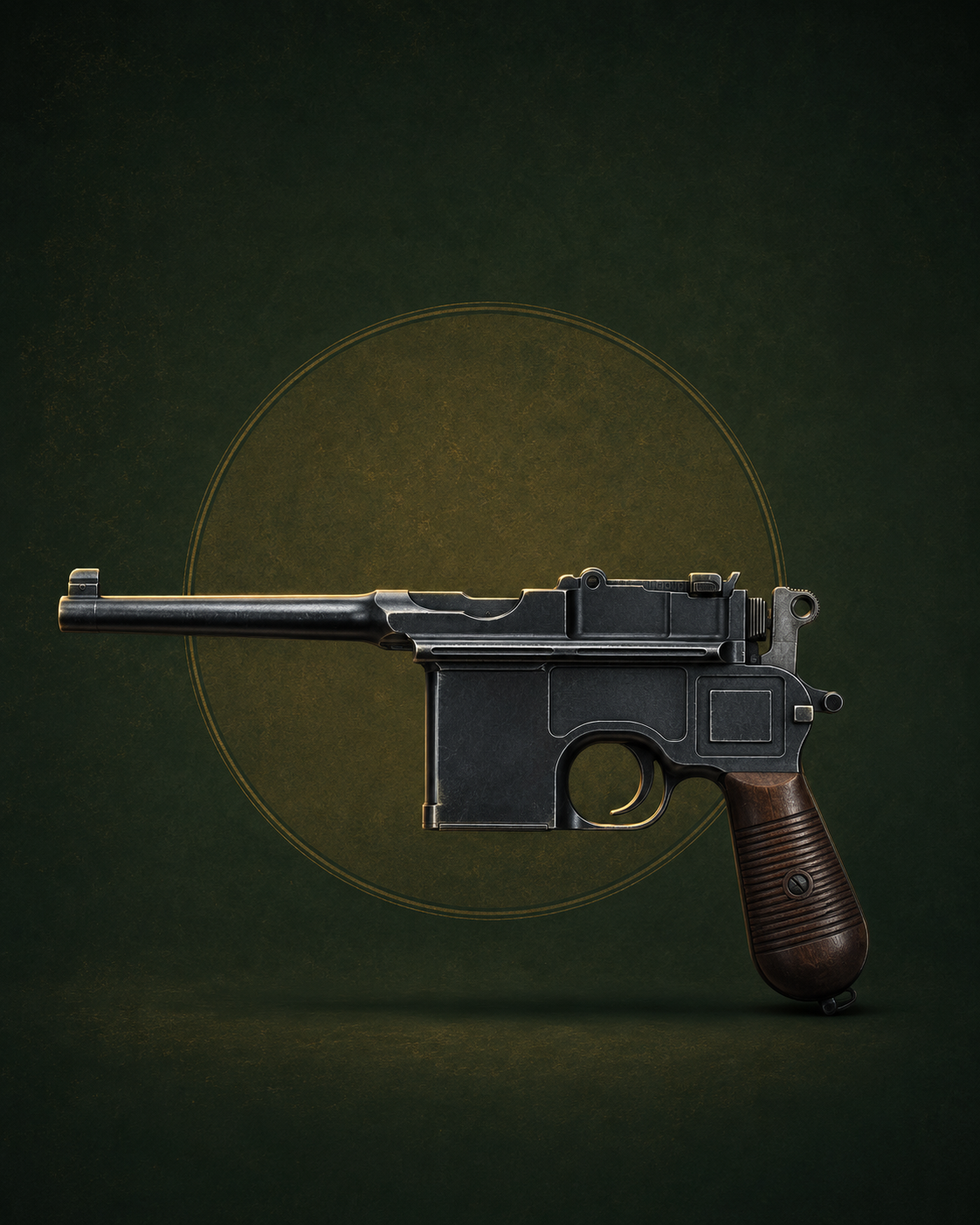 Pistolet Mauser C96 avec son long canon et sa crosse en bois caractéristique en forme de manche à balai, présenté sur fond stylisé vert et doré.