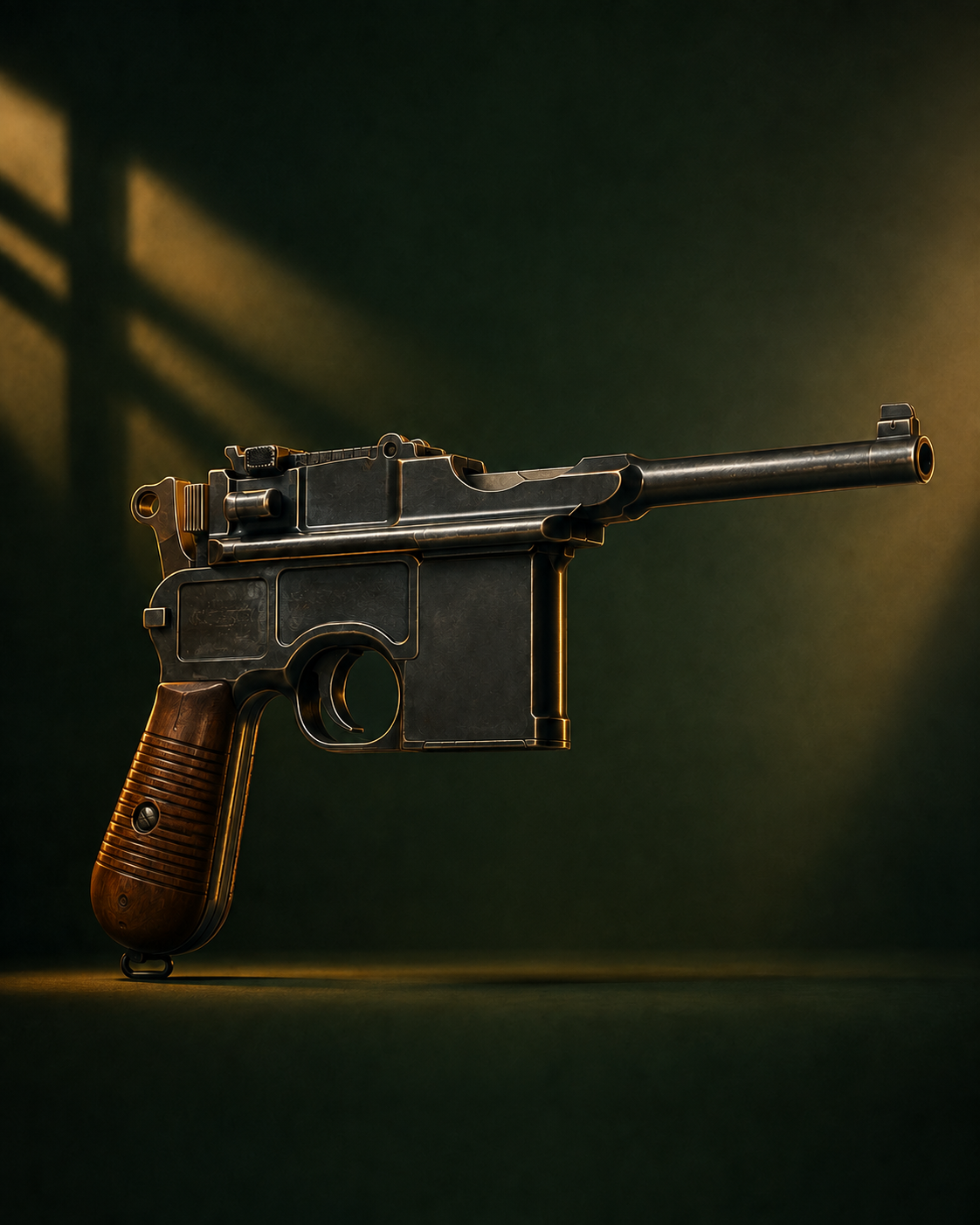 Pistolet Mauser C96 mis en valeur par un éclairage dramatique en diagonale, crosse en bois, sur fond vert sombre.