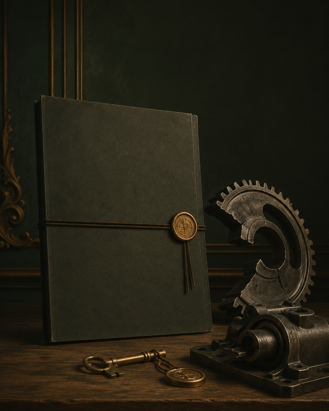 Composition évoquant l'histoire : un carnet relié fermé par un cachet de cire et une clé, posés à côté d'un engrenage métallique usé, sur fond sombre.